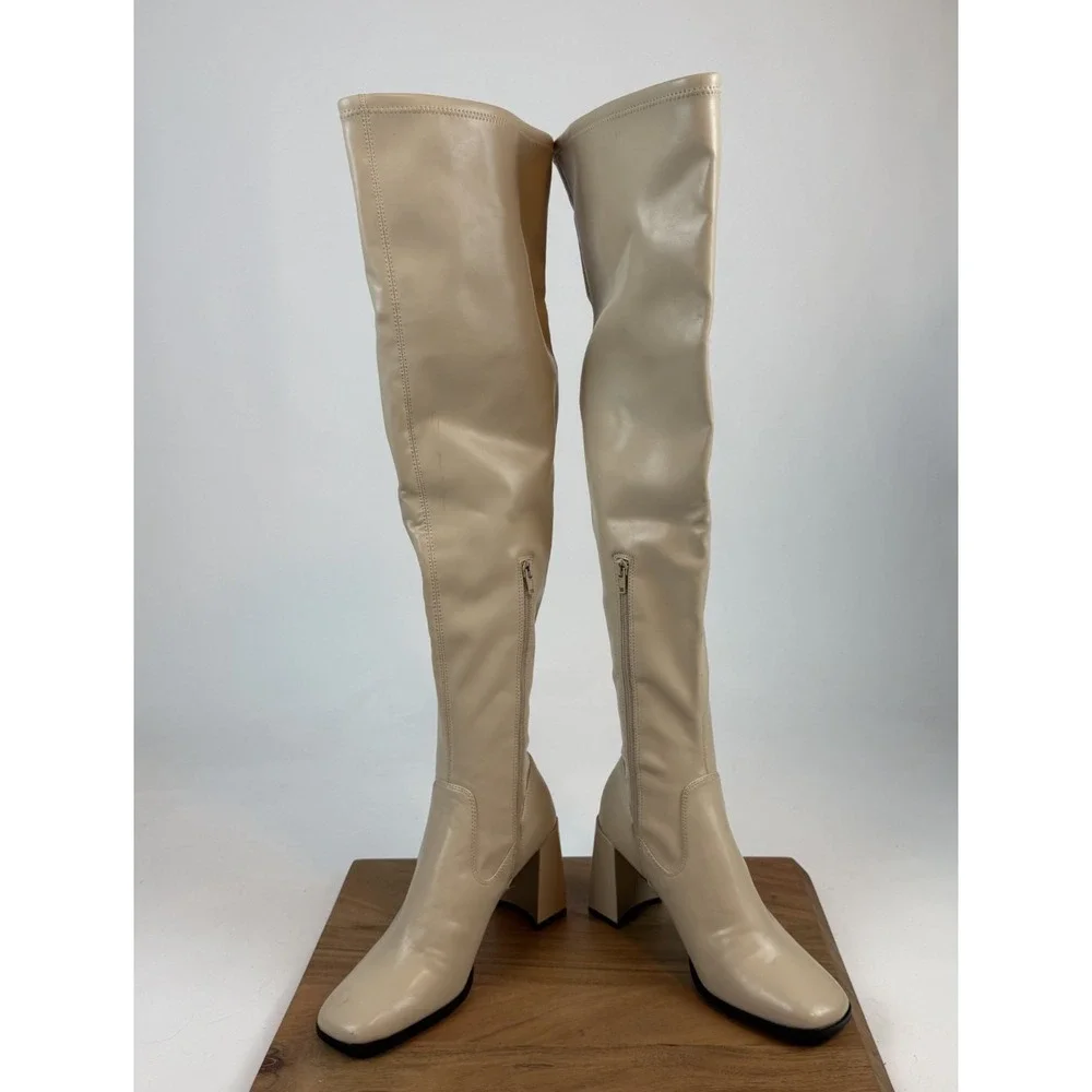New Womens Open Edit Briar Cream Faux Leather Over The Knee Heeled Boots Size 9‎